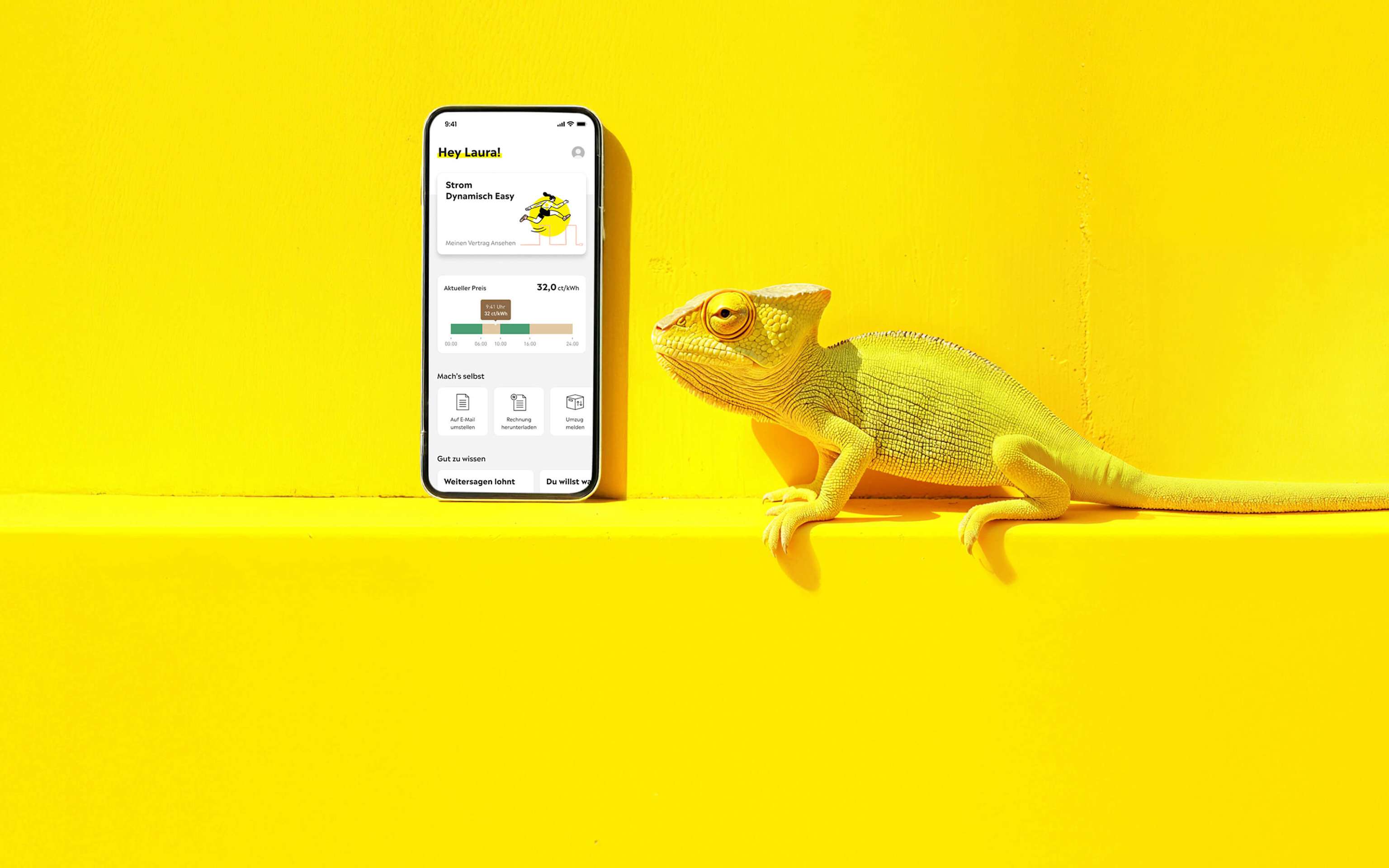 Gelbes Chamäleon schaut auf ein Handy mit Yello App - KI generiert Gelbes Chamäleon schaut auf ein Handy mit Yello App - KI generiert