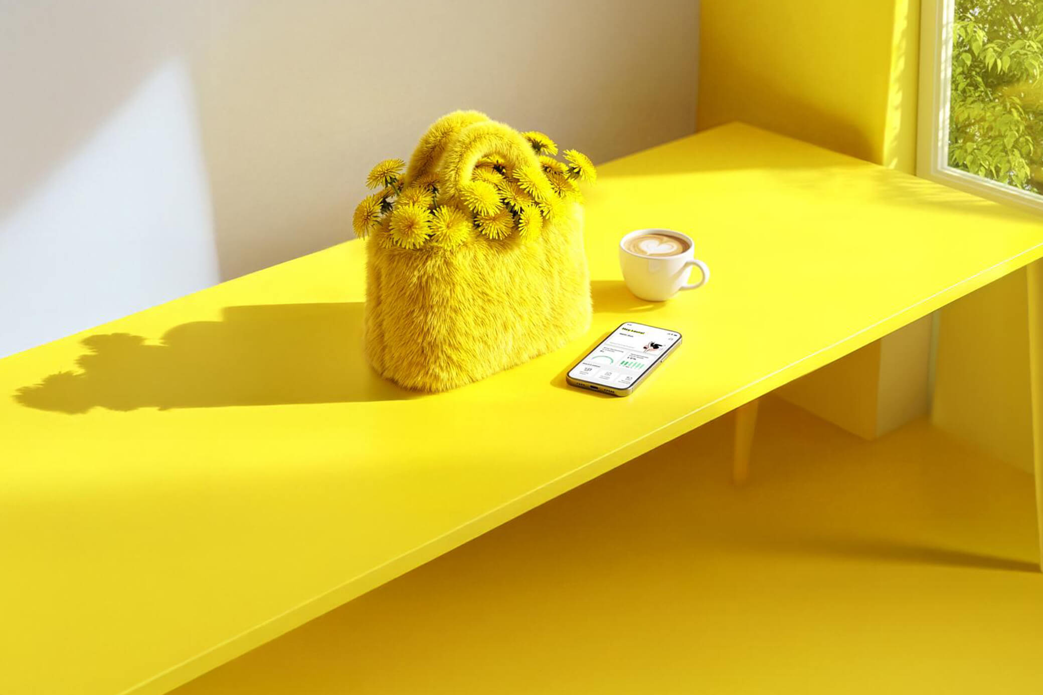 Yello macht's dir flauschig warm mit Gewerbegas Eine gelbe plüschige Tasche mit Blumen steht auf Tisch mit Tasse und Handy - KI generiert